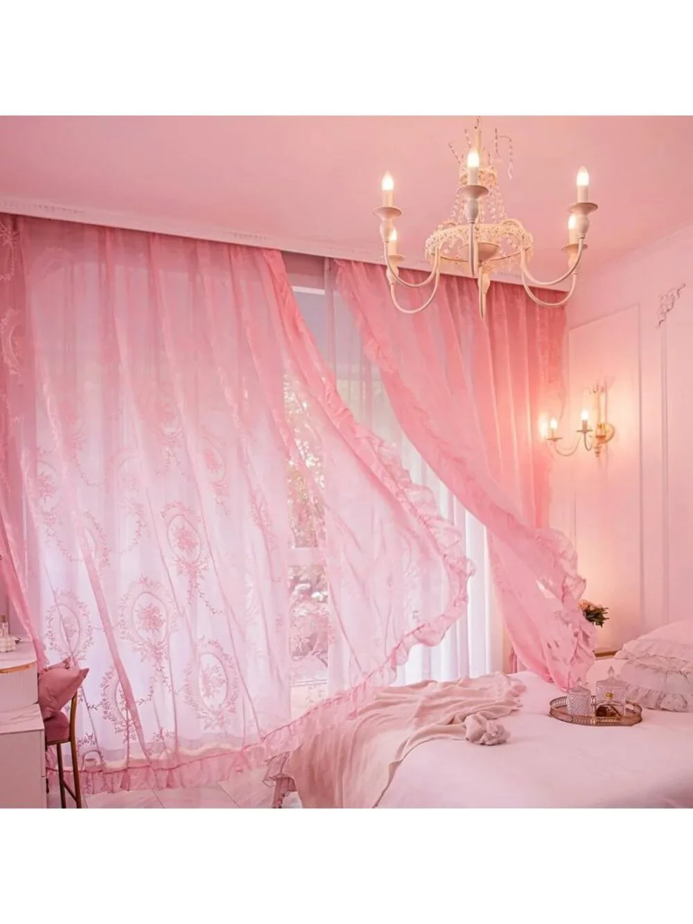 Bright Pink Lace Curtains Set - 84